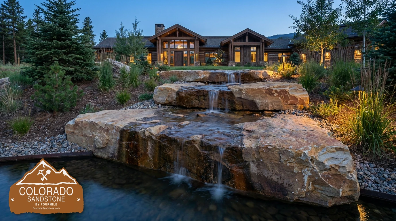 Mountain lodge arrival waterfall formed from broad raw Breckenridge Gold slabs