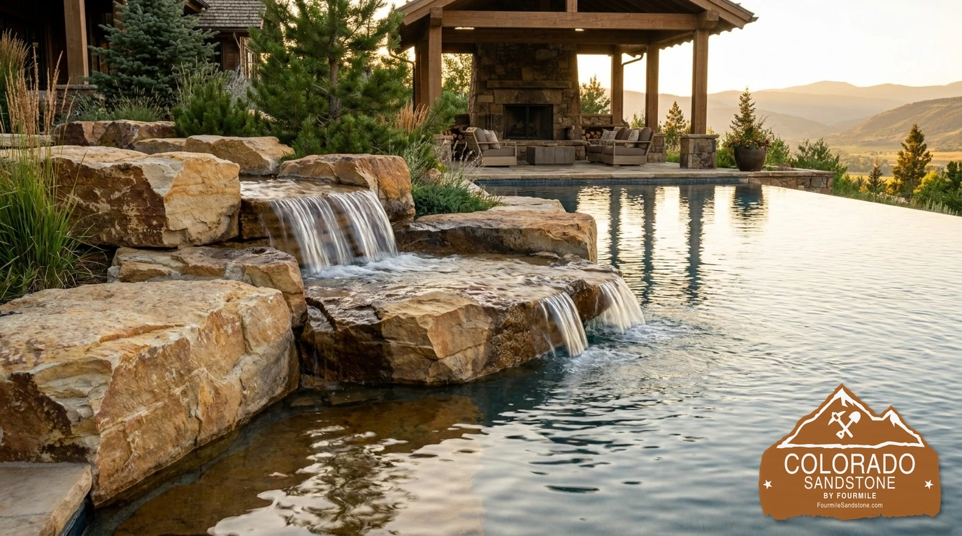 Luxury mountain resort infinity pool with a low raw sandstone cascade at the overlook