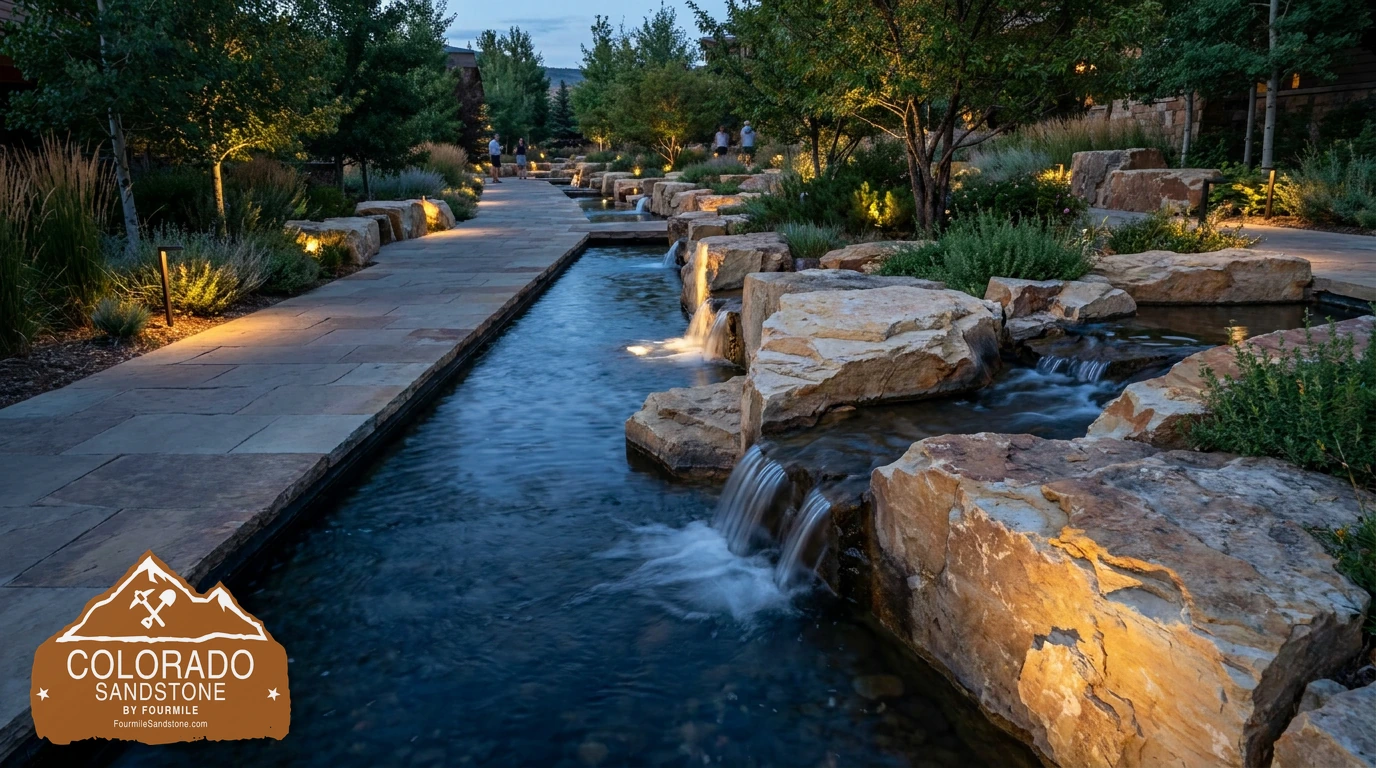 Five-star resort promenade with a dark-water ribbon and monumental raw sandstone outcrops